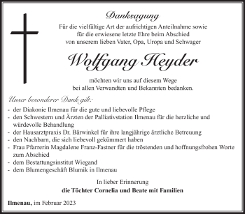 Traueranzeige von Wolfgang Heyder von Südthüringer Presse