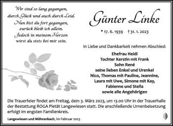 Traueranzeige von Günter Linke von Südthüringer Presse