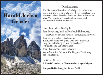 Traueranzeige von Harald Gensler von Südthüringer Presse