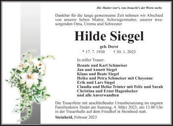 Traueranzeige von Hilde Siegel von Südthüringer Presse