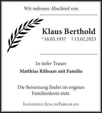 Traueranzeige von Klaus Berthold von Südthüringer Presse