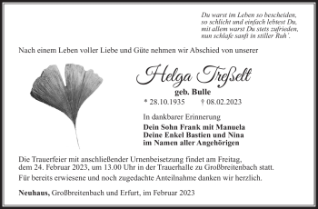 Traueranzeige von Helga Treßelt von Südthüringer Presse