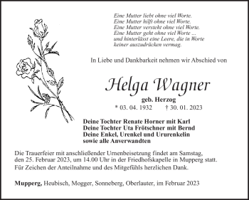 Traueranzeige von Helga Wagner von Südthüringer Presse