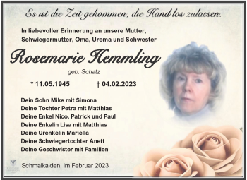 Traueranzeige von Rosemarie Hemmling von Südthüringer Presse