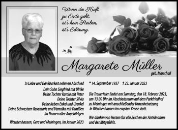 Traueranzeige von Margarethe Müller von Südthüringer Presse