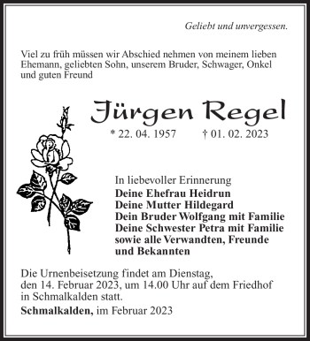 Traueranzeige von Jürgen Regel von Südthüringer Presse