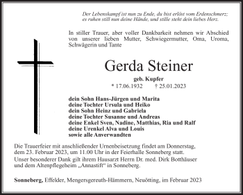 Traueranzeige von Gerda Steiner von Südthüringer Presse