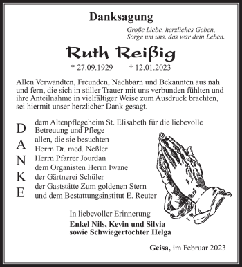 Traueranzeige von Ruth Reißig von Südthüringer Presse