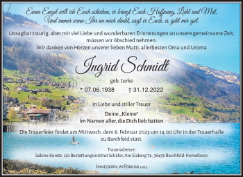 Traueranzeige von Ingrid Schmidt von Südthüringer Presse