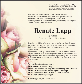 Traueranzeige von Renate Lapp von Südthüringer Presse