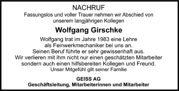 Traueranzeige von Wolfgang Girschke von Neue Presse Coburg