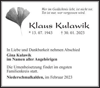Traueranzeige von Klaus Kulawik von Südthüringer Presse