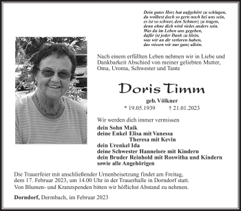Traueranzeige von Doris Timm von Südthüringer Presse
