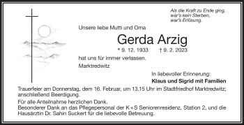 Traueranzeige von Gerda Arzig von Frankenpost