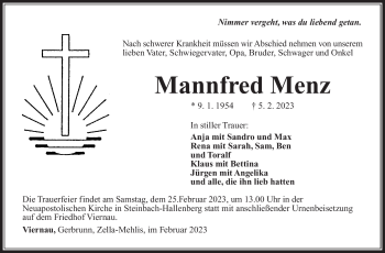 Traueranzeige von Mannfred Menz von Südthüringer Presse