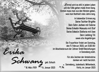 Traueranzeige von Erika Schwanz von Südthüringer Presse