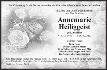 Traueranzeige von Annemarie Heiliggeist von Südthüringer Presse