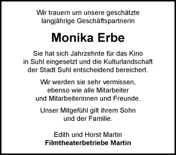 Traueranzeige von Monika Erbe von Südthüringer Presse