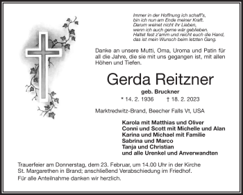 Traueranzeige von Gerda Reitzner von Frankenpost