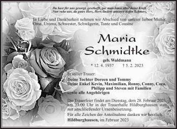 Traueranzeige von Maria Schmidtke von Südthüringer Presse