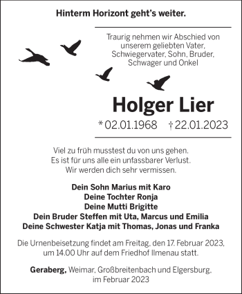 Traueranzeige von Holger Lier von Südthüringer Presse
