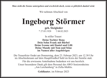 Traueranzeige von Ingeborg Störmer von Südthüringer Presse