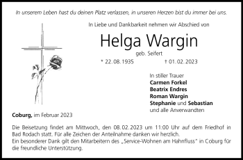 Traueranzeige von Helga Wargin von Neue Presse Coburg