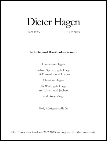 Traueranzeige von Dieter Hagen von Frankenpost