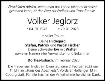 Traueranzeige von Volker Jeglorz von Neue Presse Coburg