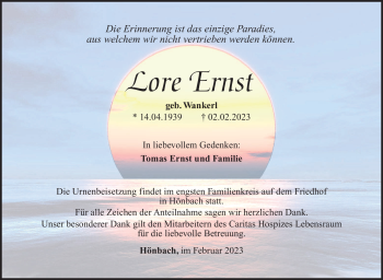 Traueranzeige von Lore Ernst von Südthüringer Presse
