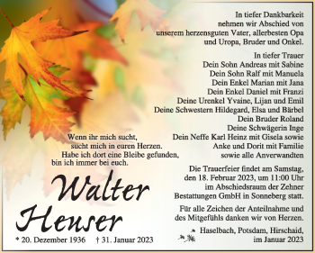 Traueranzeige von Walter Heuser von Südthüringer Presse