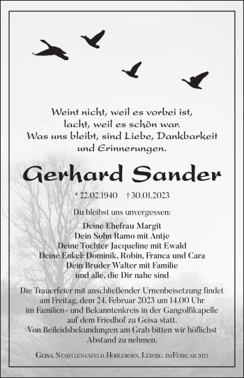 Traueranzeige von Gerhard Sander von Südthüringer Presse