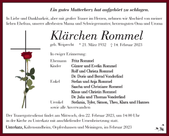 Traueranzeige von Klärchen Rommel von Südthüringer Presse