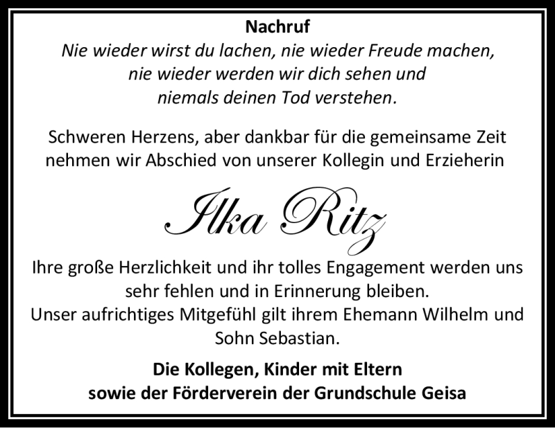 Traueranzeige für Ilka Ritz vom 24.02.2023 aus Südthüringer Presse