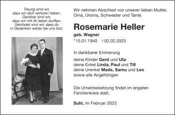 Traueranzeige von Rosemarie Heller von Südthüringer Presse