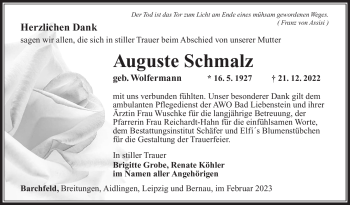 Traueranzeige von Auguste Schmalz von Südthüringer Presse