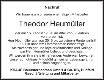 Traueranzeige von Theodor Heumüller von Südthüringer Presse