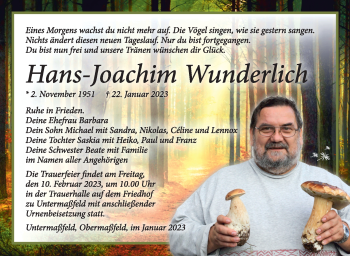 Traueranzeige von Hans-Joachim Wunderlich von Südthüringer Presse