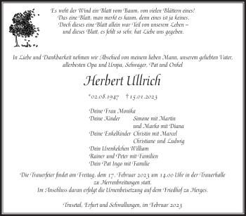 Traueranzeige von Herbert Ullrich von Südthüringer Presse