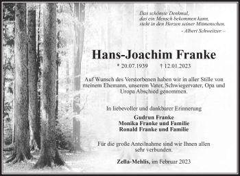 Traueranzeige von Hans-Joachim Franke von Südthüringer Presse
