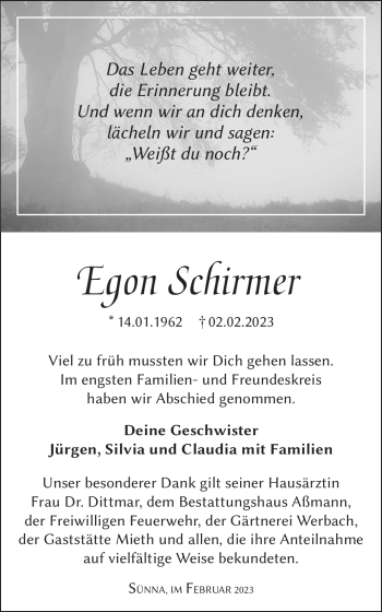 Traueranzeige von Egon Schirmer von Südthüringer Presse