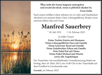 Traueranzeige von Manfred Sauerbrey von Südthüringer Presse