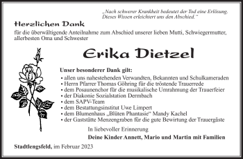 Traueranzeige von Erika Dietzel von Südthüringer Presse