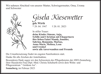 Traueranzeige von Gisela Kiesewetter von Südthüringer Presse