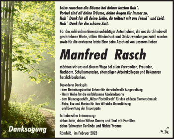 Traueranzeige von Manfred Rasch von Südthüringer Presse