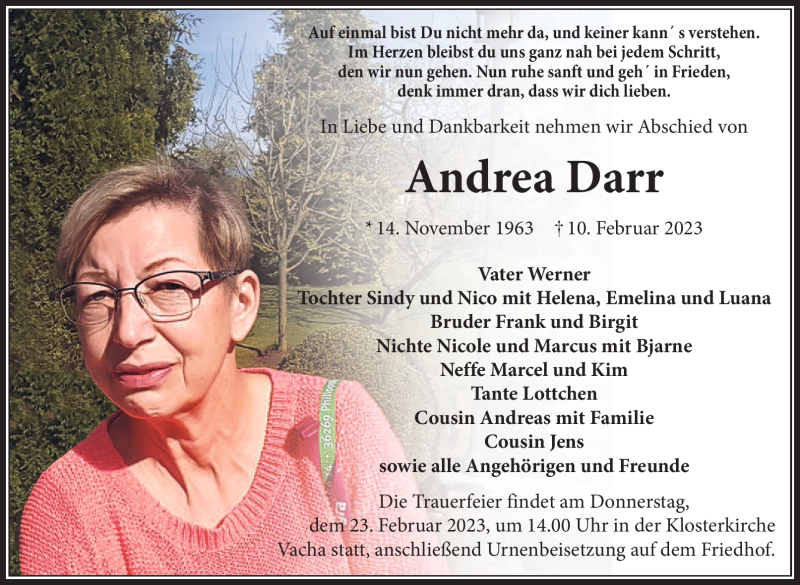  Traueranzeige für Andrea Darr vom 21.02.2023 aus Südthüringer Presse