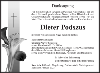 Traueranzeige von Dieter Podszus von Südthüringer Presse