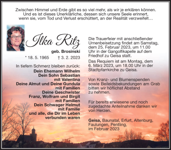 Traueranzeige von Ilka Ritz von Südthüringer Presse