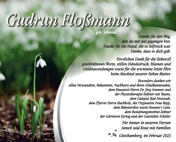 Traueranzeige von Gudrun Floßmann von Südthüringer Presse