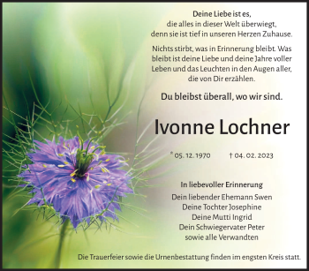 Traueranzeige von Ivonne Lochner von Südthüringer Presse